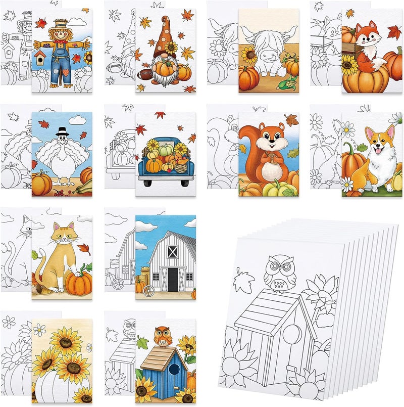 Anseal 12 Packs Thanksgiving Pre Drawn Canvas to Paint, 5" X 7" Fall Pre Printed Canvas for Kids, Pre Stretched Canvas Outline Painting Boards for Beginners, Students, Party Favor - Image 1